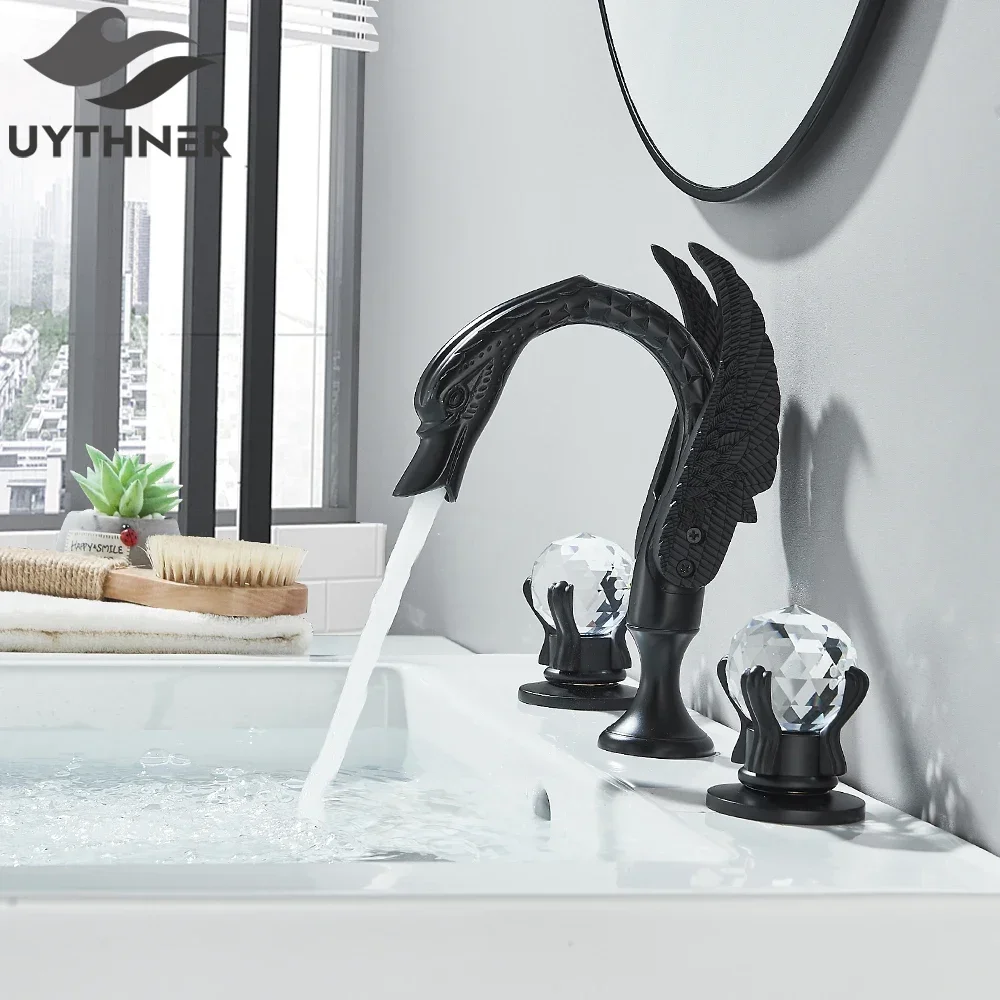 Uythner Bathroom Basin Faucet Dual Crystal Handle Bathtub Mixer Tap Deck Mounted Widespraed Bath Mixer Crane