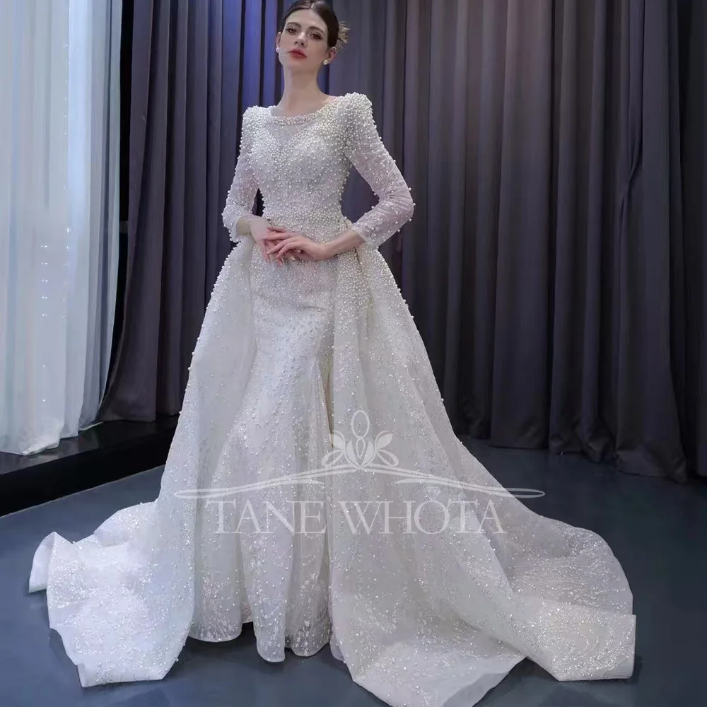 Gaun Pengantin Lengan Panjang Kerah O Berpayet Mewah Elegan dengan Tali di Belakang Model Sheath Robe De Mariee