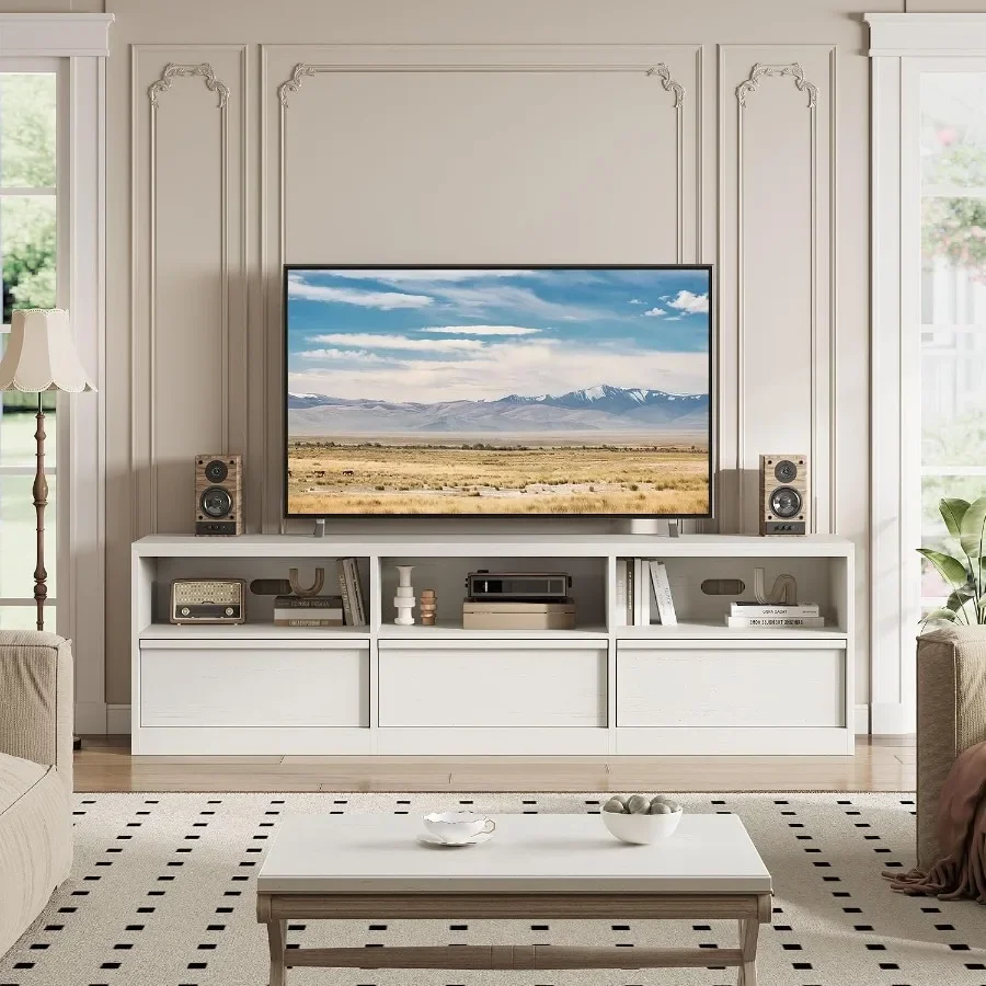 70 Mid-Century Modern TV Stand for 65-80 TVs, Heavy-Duty Media Console with Storage Drawers Open Shelves Antique White