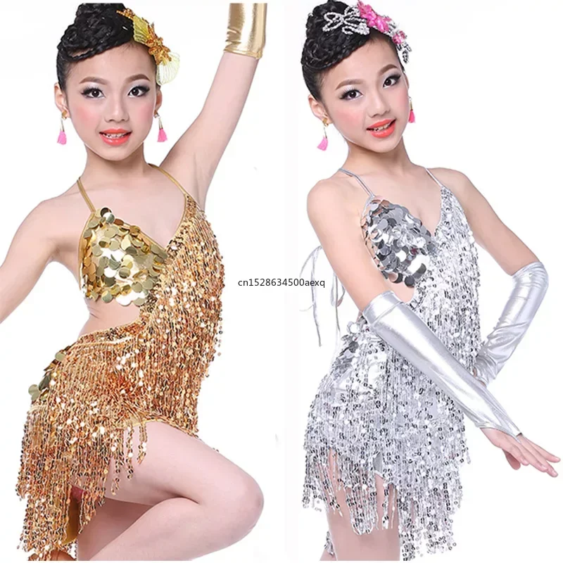 

child kid children professional latin dance dress for girls ballroom dancing dresses for kids red sequin fringe salsa tassel