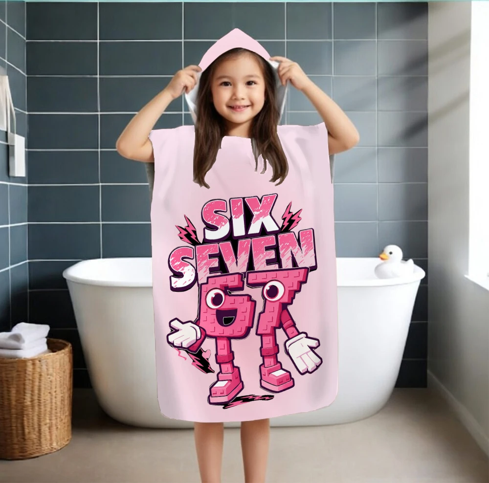 

Cartoon Robot 67 Hooded Bath Towel, "Six Seven" Graffiti Style Swim Poncho, Absorbent Beach Robe for Women