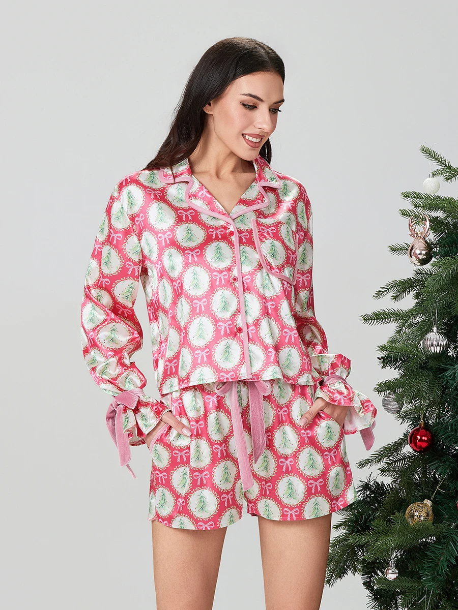 Women Christmas Pajama Set Santa Tree Print Lapel Neck Button-up Long Sleeve Tops Shorts 2-Piece Loungewear Outfit