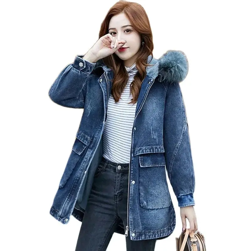 

New Women's Denim Jacket Fur Parka Female Nice Winter Jean Coat Women Jackets Black Denim Coats Woman Lambswool Outerwear