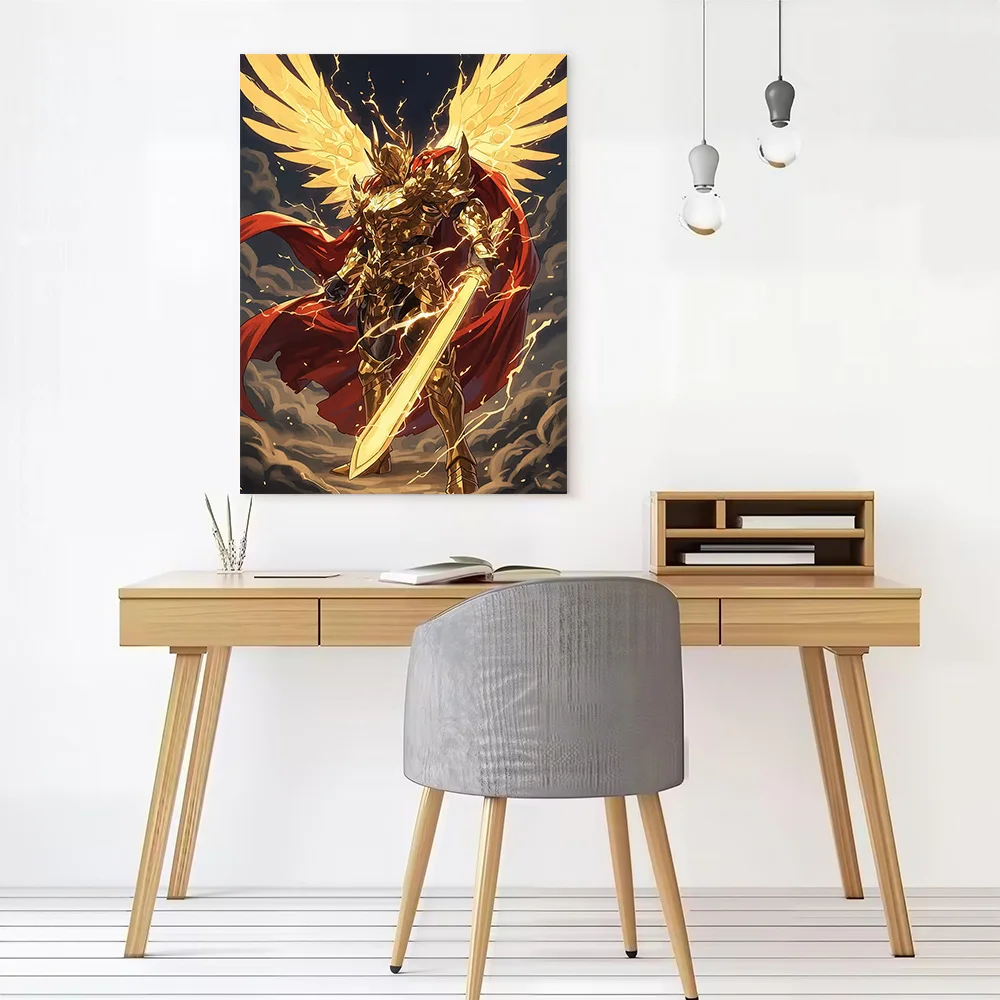 Golden Angelic Warrior With Sword Canvas Poster Customizable Printed Canvas Painting Wall Art for Fans Modern Home Decoration