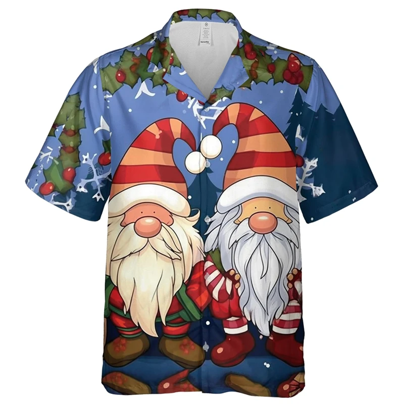 2026 Men's Shirt Christmas Gnome Print Short Sleeve Turn Down Collar Casual Street Top Funny Men Gift Fashion Mens Clothing