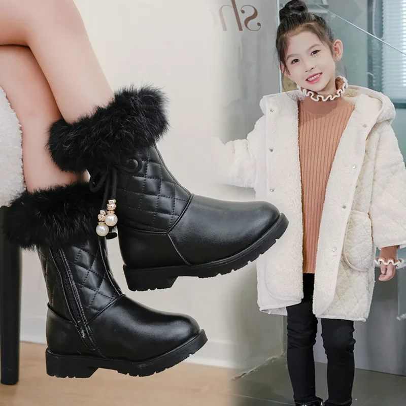 Girls Long Boots Warm Shoes for Winter Kids Princess Boots with Fur 2024 New Fashion Sweet Girls Leather Snow Boots with Bow