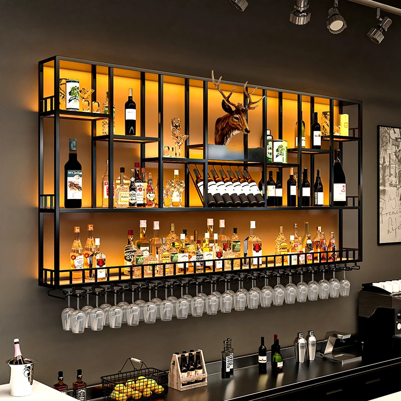 

bar counter wine cabinet against the wall, hanging shelves, industrial style bar, wrought iron display stand,