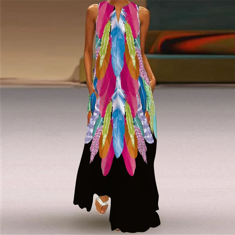 

Summer Fashion Sexy Colorful Feather Print Hollow V-Neck Sleeveless Long Dress Loose Tight A-Line Sleeveless Party Long Dress