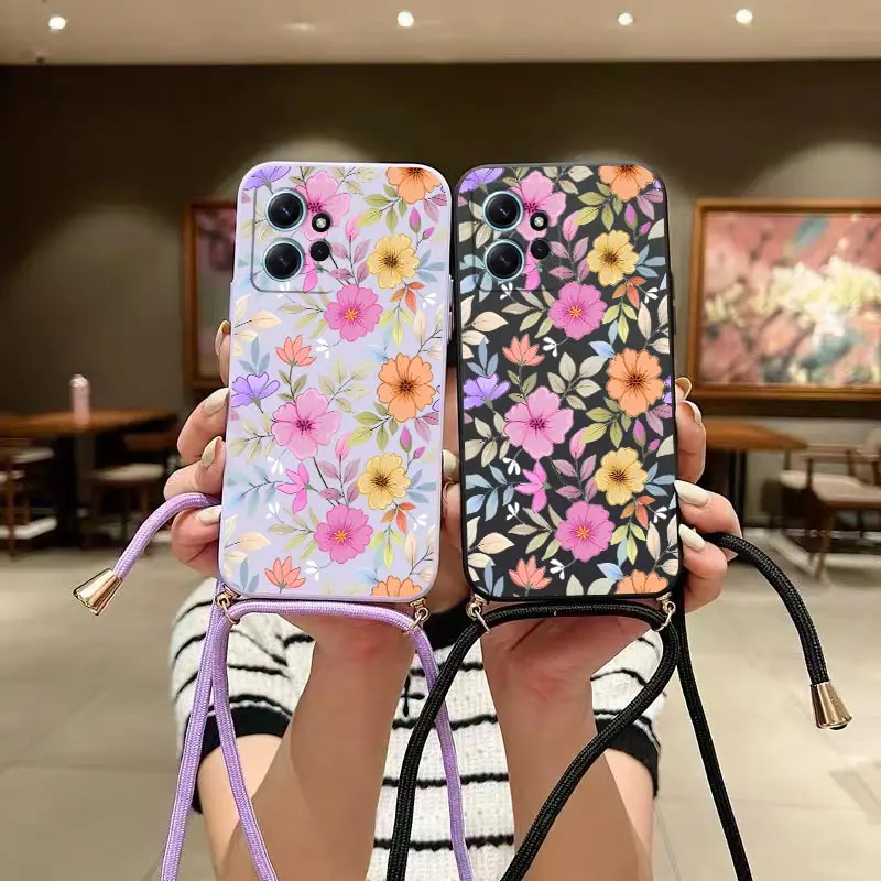جراب هاتف سيليكون بحبل زهور أرجواني ، غطاء لهاتف شاومي ريدمي نوت 12 ، 12Pro ، 12S ، 12Pro Plus ، 11T ، 11S ، 13Pro ، 13 ، 13R ، N ote