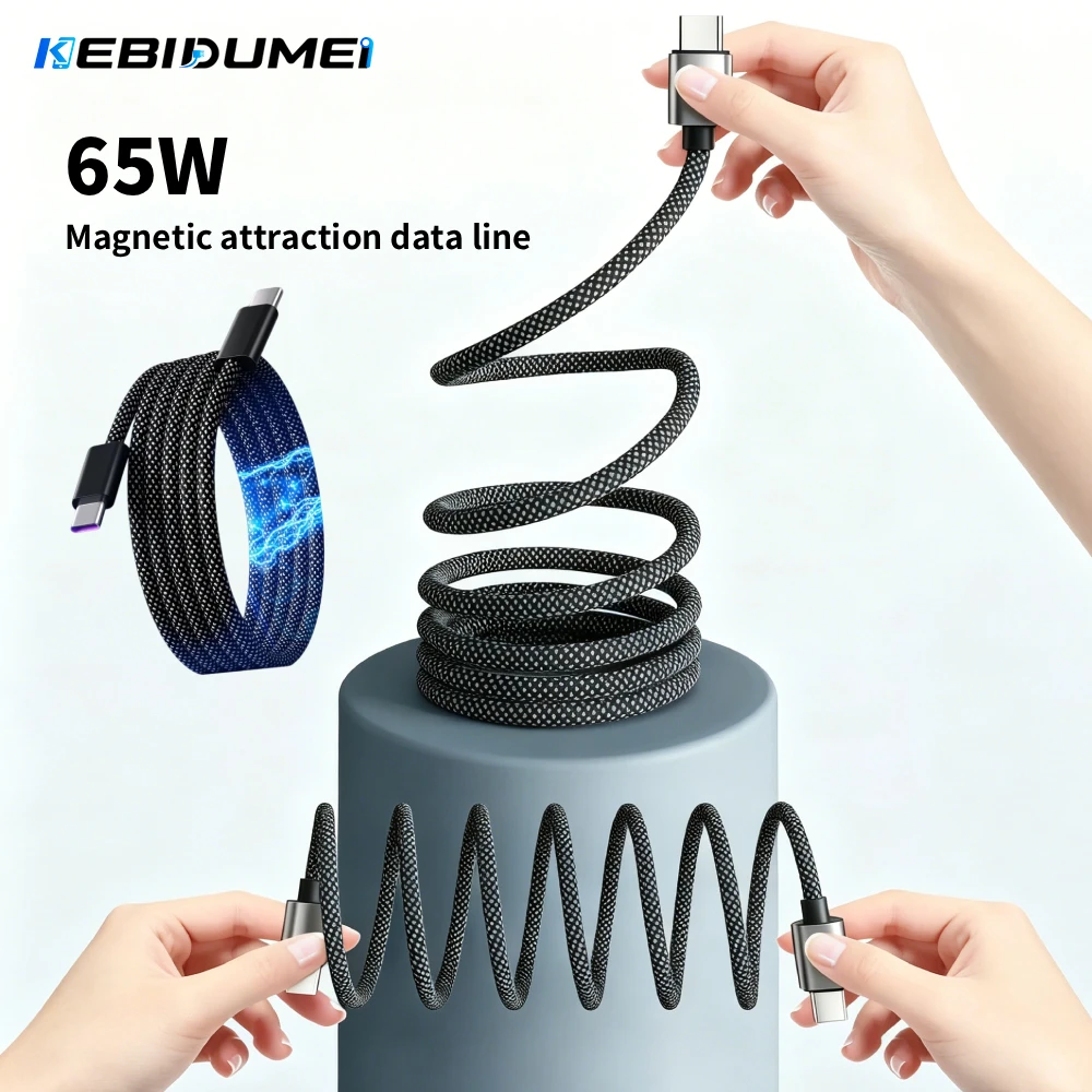 KEBIDUMEI 65W Magnetisches USB-C-auf-Typ-C-Ladekabel, geflochtenes, verdrehungsfreies Datenkabel, schnelles Laden 3.0 für iPhone Samsung