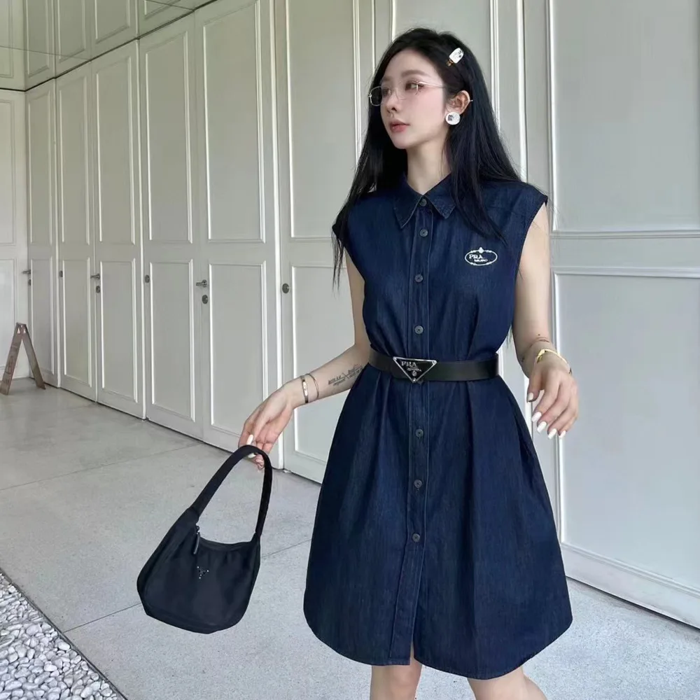 

Casual Women Cowboy Dress Belt Classic Triangle Dresses 2024 Summer A-line Dresses Office Lady Clothes Simple Japanese Korean