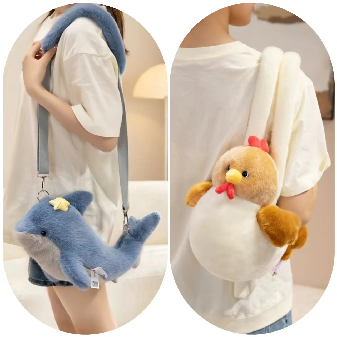 Cute Dolphin Plush Crossbody Bag Kawaii Chicken Handbag Stuffed Animal Shoulder Backpack Cartoon Girl Commuter Bag Birthday Gift