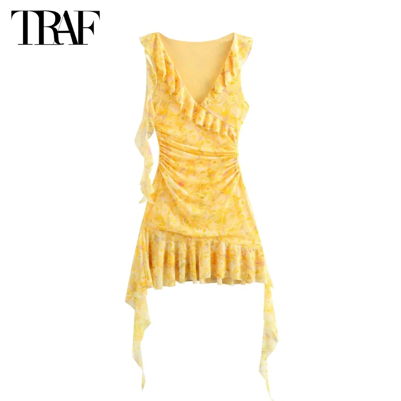 

TRAF Yellow Print Tulle Dress Woman Sleeveless Short Dresses for Women Draped Evening Dresses Women Summer 2024 Bodycon Dress