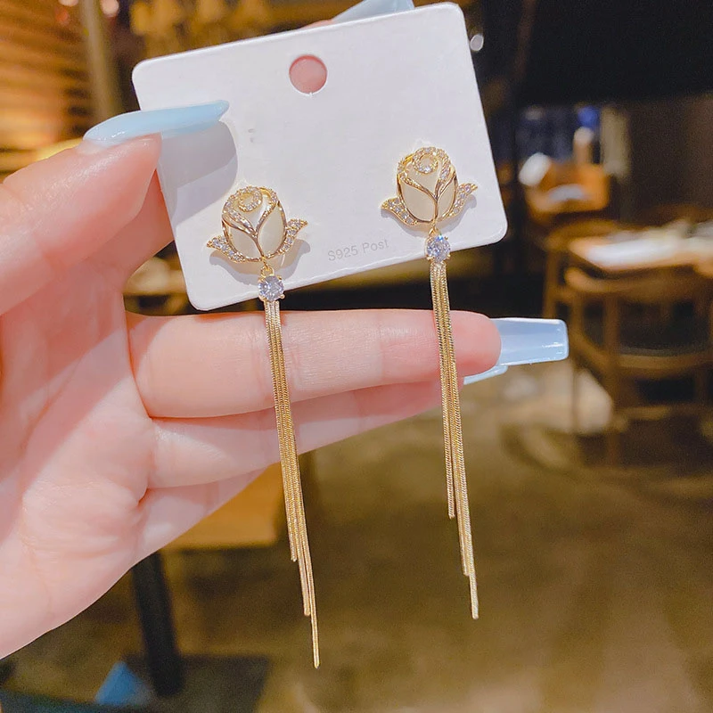 925 Silver Needle Korean Fashion Crystal Tulip Flower Earrings For Women Jewelry 2026 Trending Luxury Women's Tassel Earrings