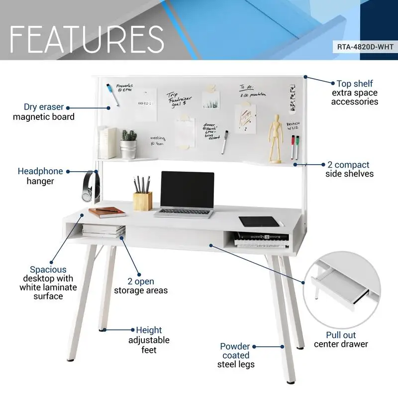 Study Computer Desk with Storage & Magnetic Dry Erase Board - White Finish