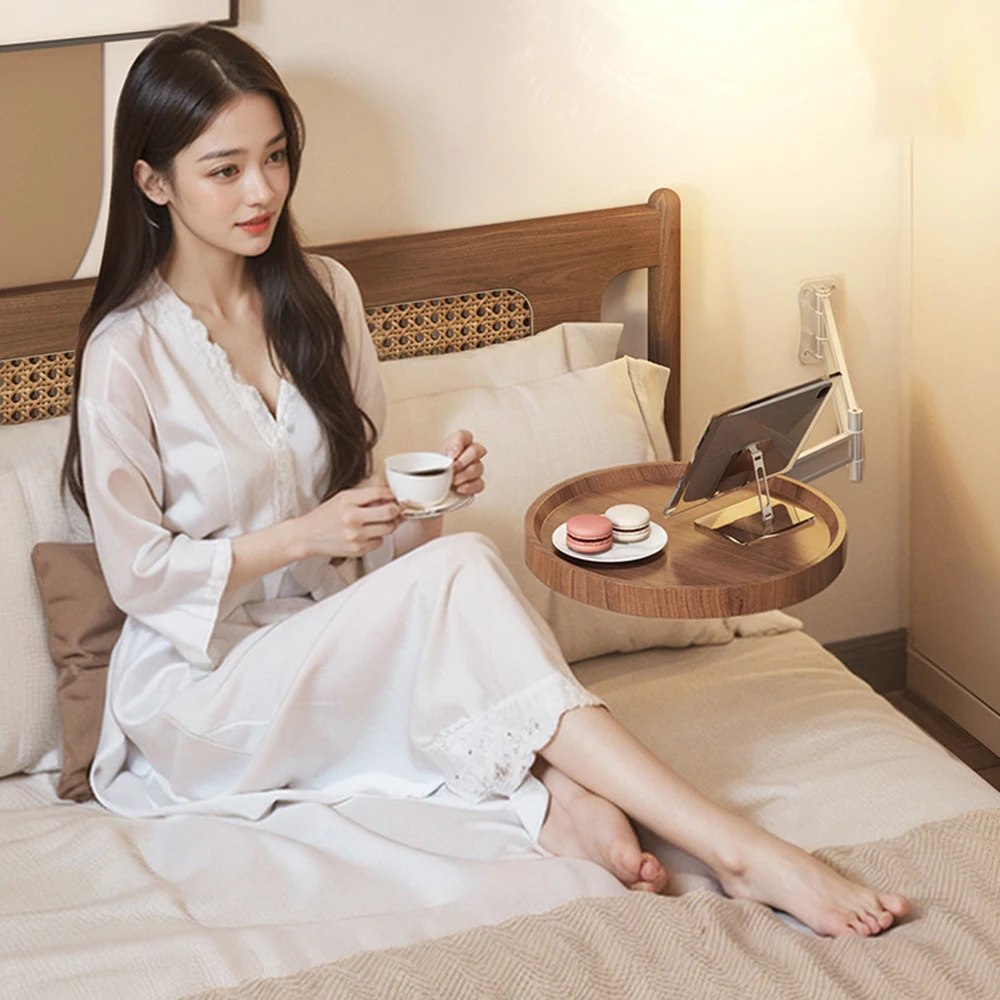 Adjustable Foldable Wall Mounted Round Wooden Side Table Rotatable Swing Arm Floating Bedside Tray Table Space Saving Fold Down Wall Shelf for Bedroom Sofa Couch Snack Drink Tablet Holder Home Decor