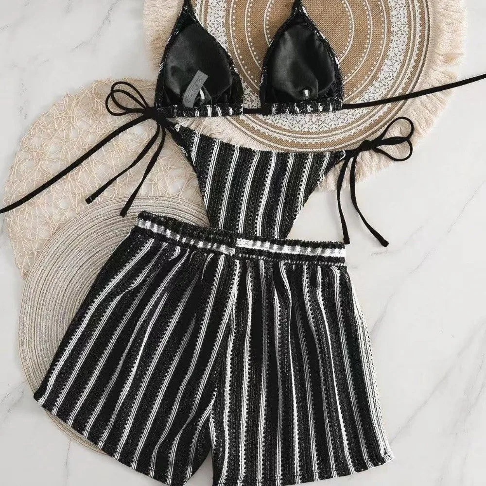 

Casual Stripes 3 in 1 Swimwear Set Lace Up Sleeveless Bikini Bathing Suit Beachwear Clothing Deep-V Knitting Swimsuit Ladies