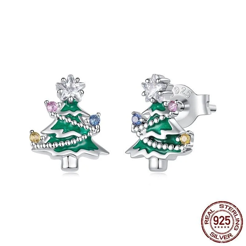 S925 Sterling Silver Christmas Tree Stud Earrings for Women Romantic Winter Festive Xmas Ear Jewelry Gift Box Set with Clear CZ