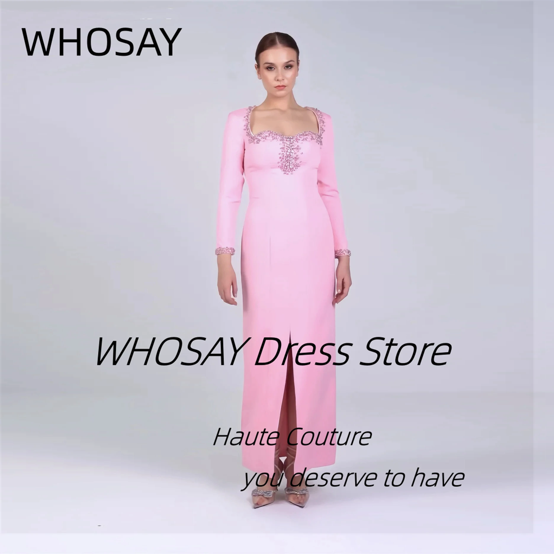 

WHOSAY Платья для выпускного вечера с разрезом спереди и кристаллами с квадратным вырезом и длинными рукавами Вечернее платье на молнии сзади Вечерние платья