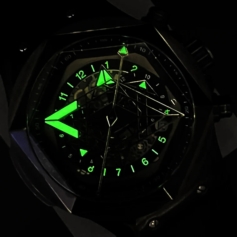 HANBORO Mens Watches Luxury Watch Automatic Mechanical Wristwatch Luminous Skeleton Hexagonal Bezel Rubber Strap