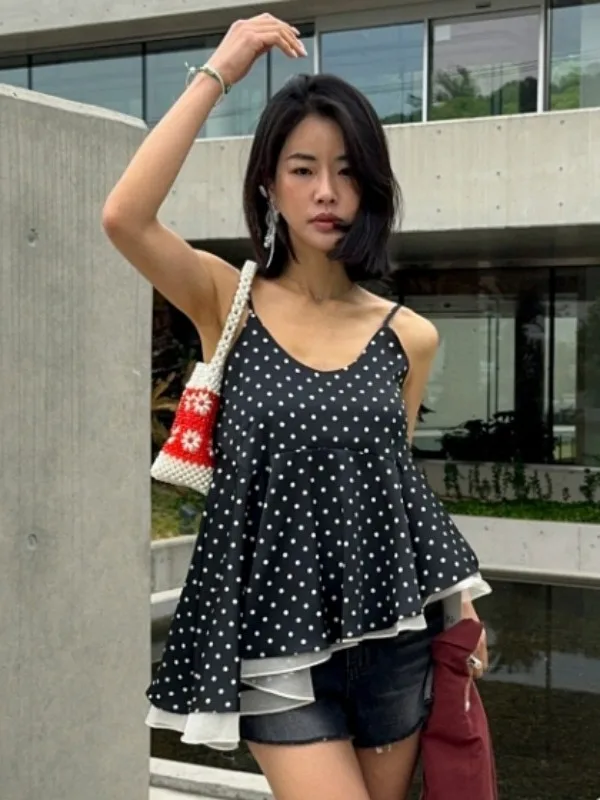 Chemisier Double couche à ourlet à volants pour femmes, nouvelle collection d'été, porte Dongda, inclinée irrégulière, sangle à pois, gilet pour les déplacements