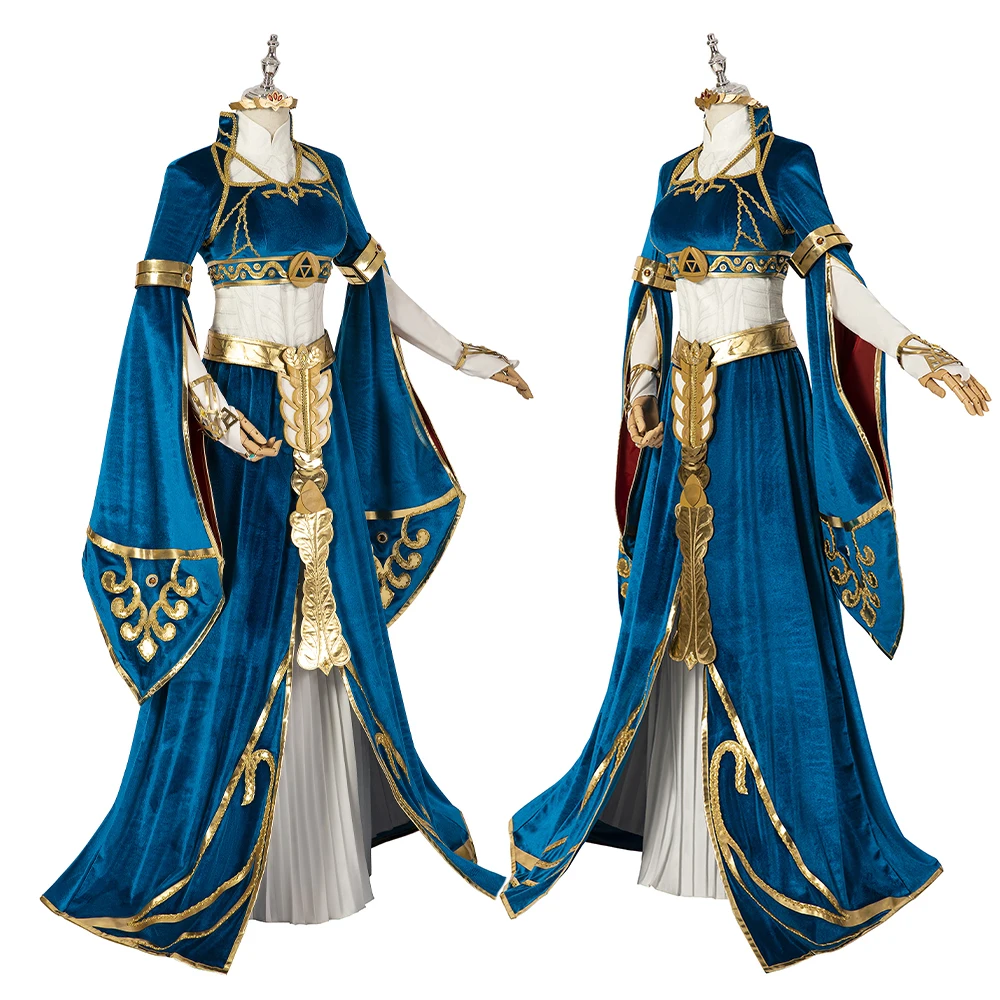 High Quality Breath of the Wild Princess Zelda Cosplay Dress Suit Women Blue Long Dress Gown Role Play Costume Full Set