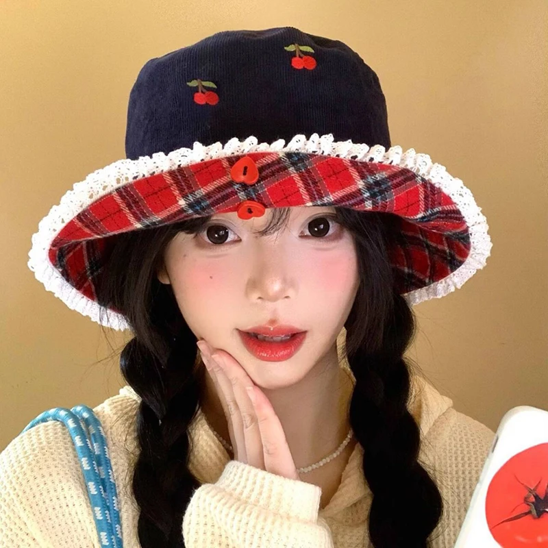 

New Cute Cherry Embroidered Lace Edge Corduroy Bucket Caps Women Spring Autumn Travel Versatile Trendy Outdoor Fisherman Hats