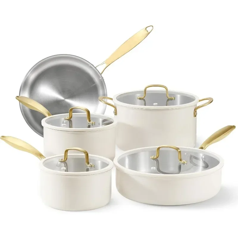 

HOME.Stainless Steel Cookware Set, 9 Pcs Stainless Steel Pots and Pans Set with Tempered Glass Lids, Stay-Cool Golden Handles