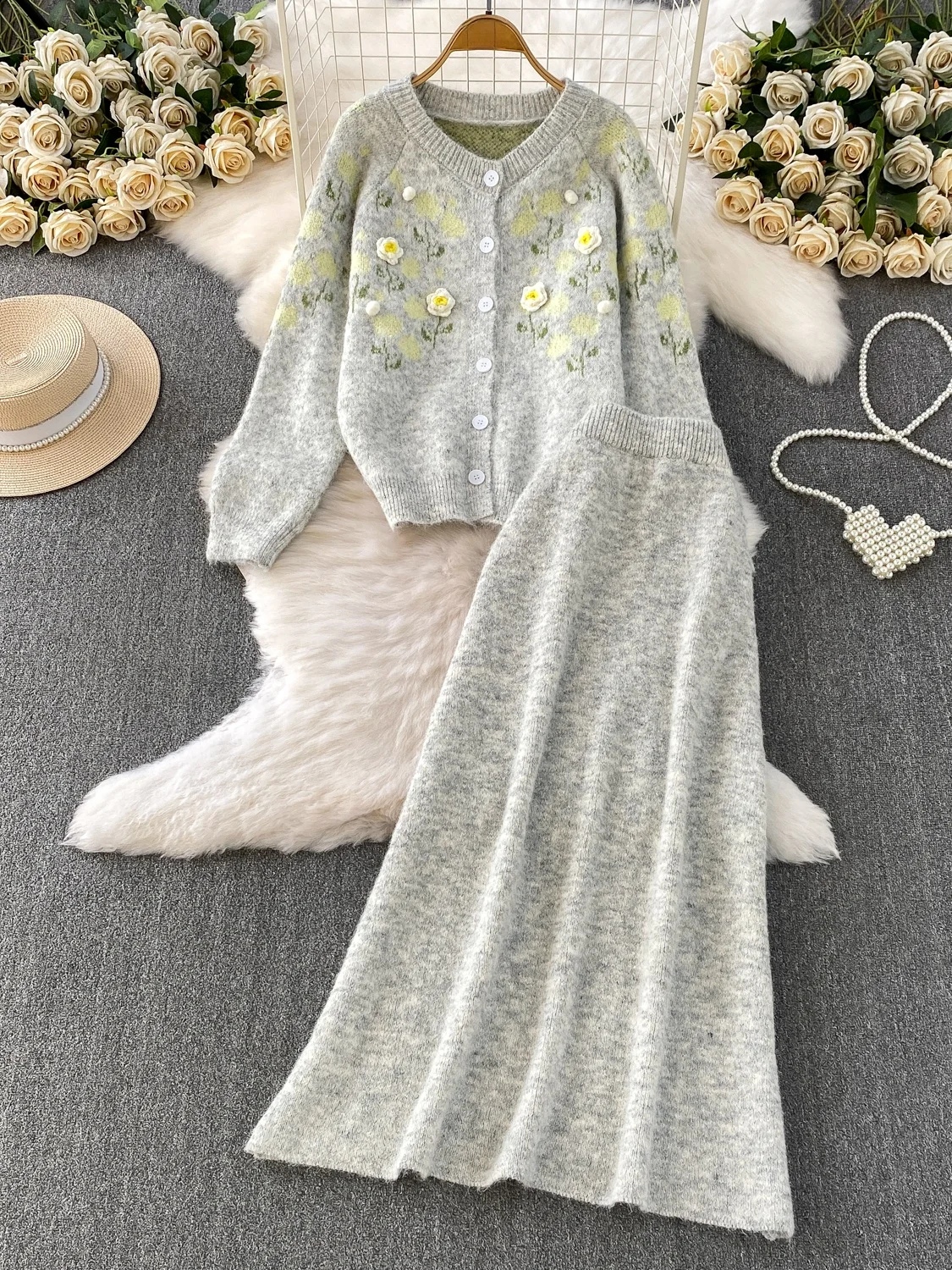 Ele Winter-Outfit, gestrickt, FCE Jaet und Midirock mit hoher Taille, Set mit gestickten 3D-Blumen, lockere Passform, bequem