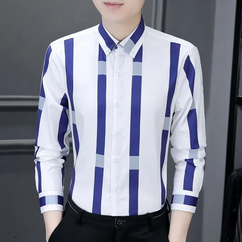 

Fashion Lapel Button All-match Striped Business Shirts Men's Clothing 2023 Autumn New Oversized Casual Tops Loose Korean Shirt