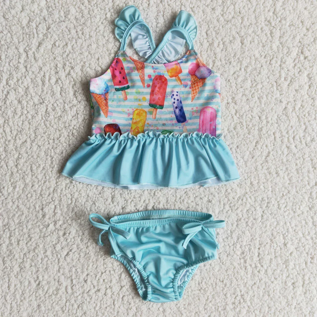 Girl summer popsicle blue stripe two piece swimsuit