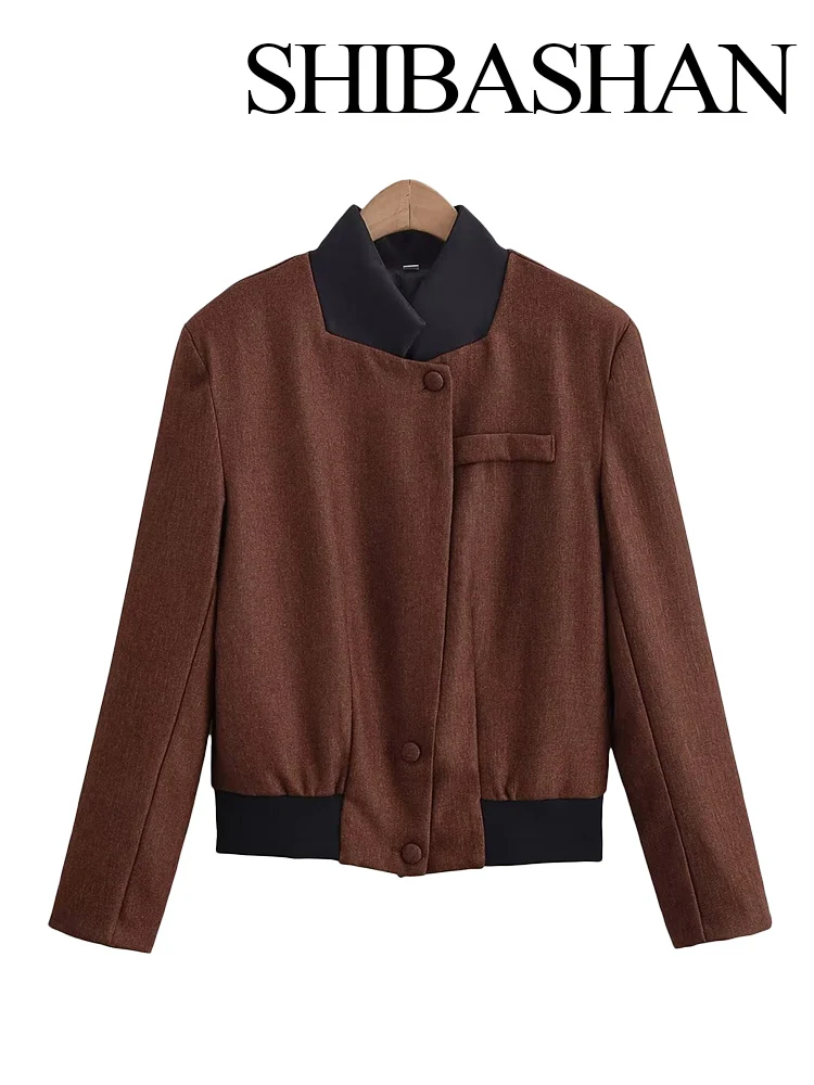 

HH 2025 Women Autumn Fashion Elegant Shoulder Pad Spliced ​​Short Jacket Female Simple Stand Collar Long Sleeve Jacket