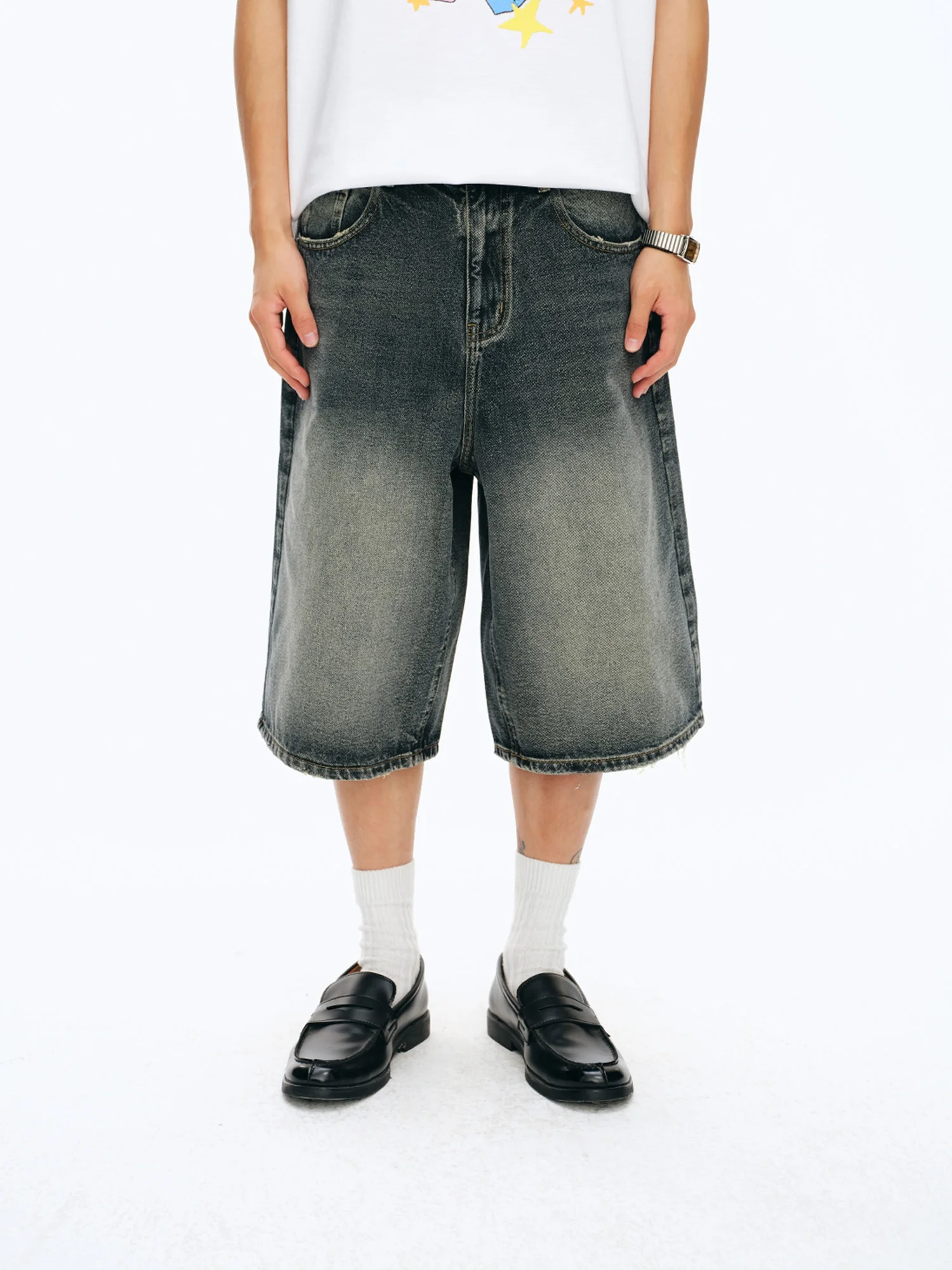 NewJNXS Retro Washed Diagonal Denim Jeans Straight Leg Versatile Five-Quarter Length Unisex Summer Casual Cotton Polyester Blend