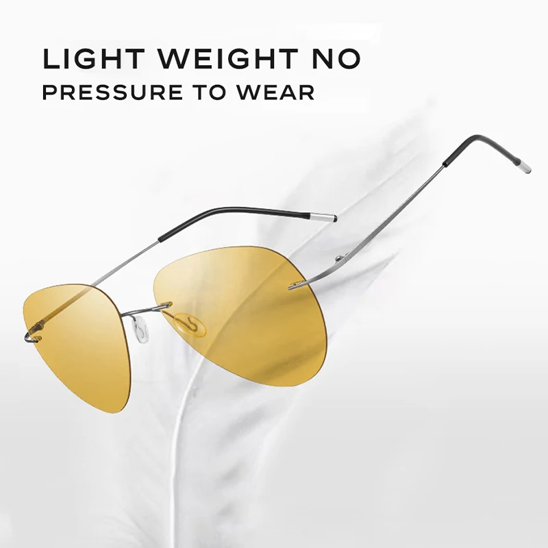 CAPONI Night Vision Rimless Sunglasses Men Pilot Photochromic Outdoor Shades Driving Sunglasses UV400 Protection YS7466