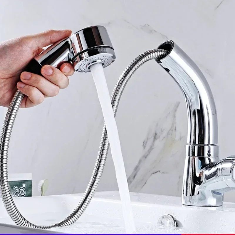 Black Basin Faucet Hot Cold Mixer Tap with Pull Out Spray Rotating Wash Crane for Bathroom Vanity 360° Rotational Tap