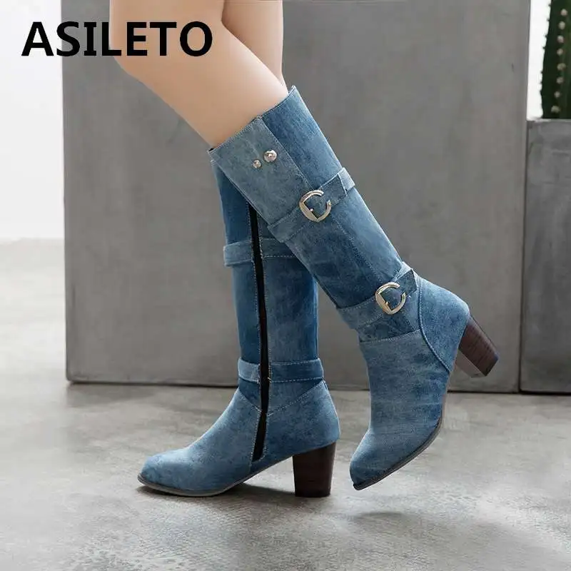 ASILETO Big Size Western Cowboy Booties Square Heels Zipper Buckle Fabric Shoes Mid-calf Boots Women Pointed Toe Black Blue