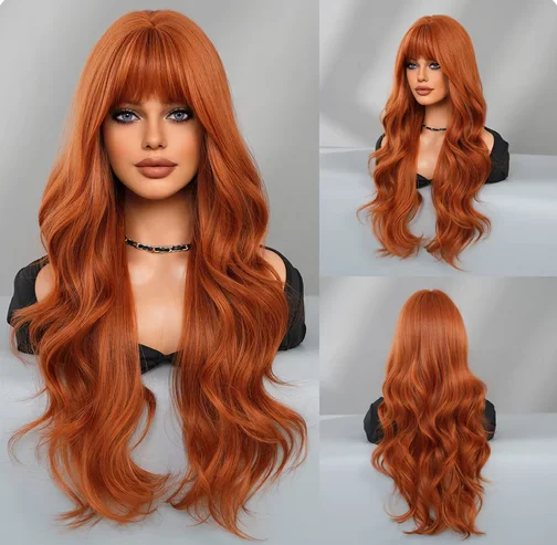 New orange big wave wig female air bangs long curly hair facial synthetic fiber high temperature silk full head cover