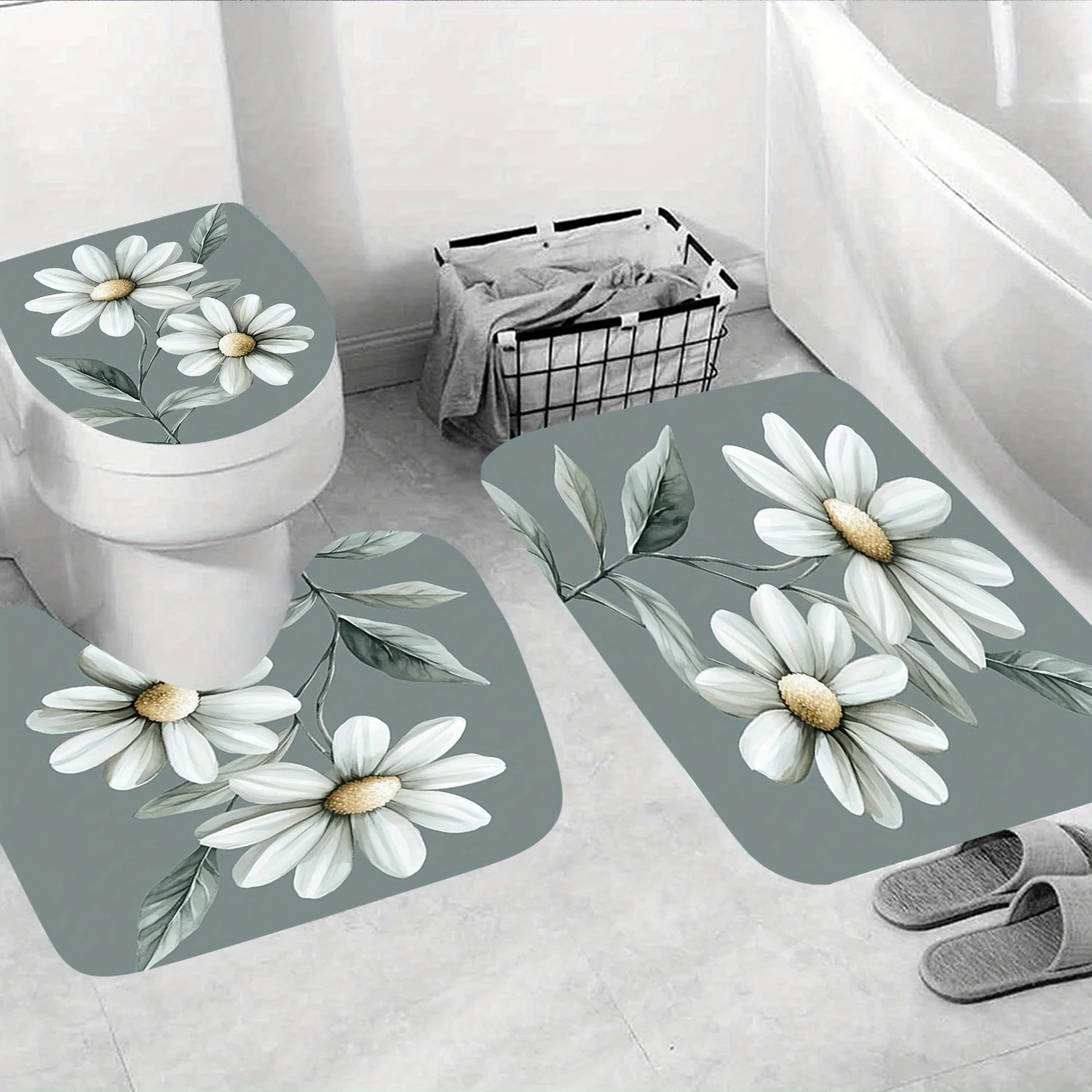 

3-х предметный набор для ванной комнаты с цветочным принтом, элегантный набор для ванной комнаты с цветком ромашки — с нескользящим ковриком и чехлом на сиденье унитаза, U-образный коврик