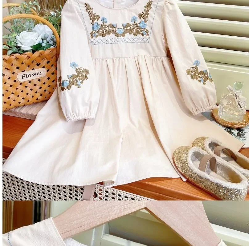 2023 Baby Girls Embroidery Cotton Flower Dress Fashion Girl Kids Spring Fall Birthday Princess Dresses Vestidos Children Clothes