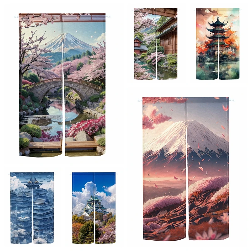 Japanese Noren Split Door Curtain Sakura Mount Fuji Bridge Tower Landscape Doorway Curtains for Kitchen Entrance Half-curtain