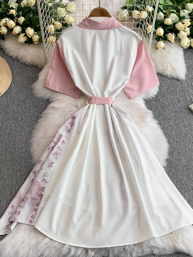 فستان صيفي نسائي جديد بتصميم صيني مع طباعة زهور وياقة مقلوبة وأكمام قصيرة، فستان طويل غير متماثل يبرز الخصر ويمنح مظهراً نحيفاً #4