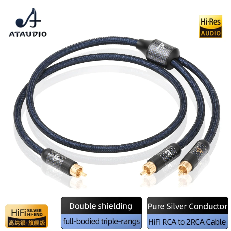 HiFi RCA to 2RCA Cable Pure Silver Y Splitter Digital Stereo Audio Cable RCA to 2RCA Male Subwoofer CD HiFi Cable
