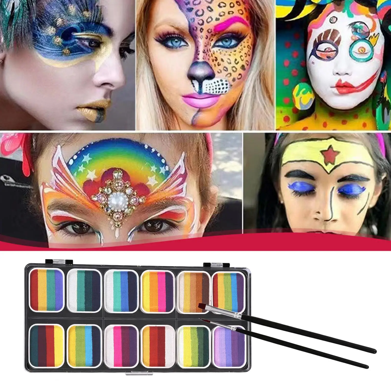 Face Paint Palette Makeup Kit 12 Water based Paints for Halloween Cosplay Practical with 2 Brushes Face Painting Set Colorful