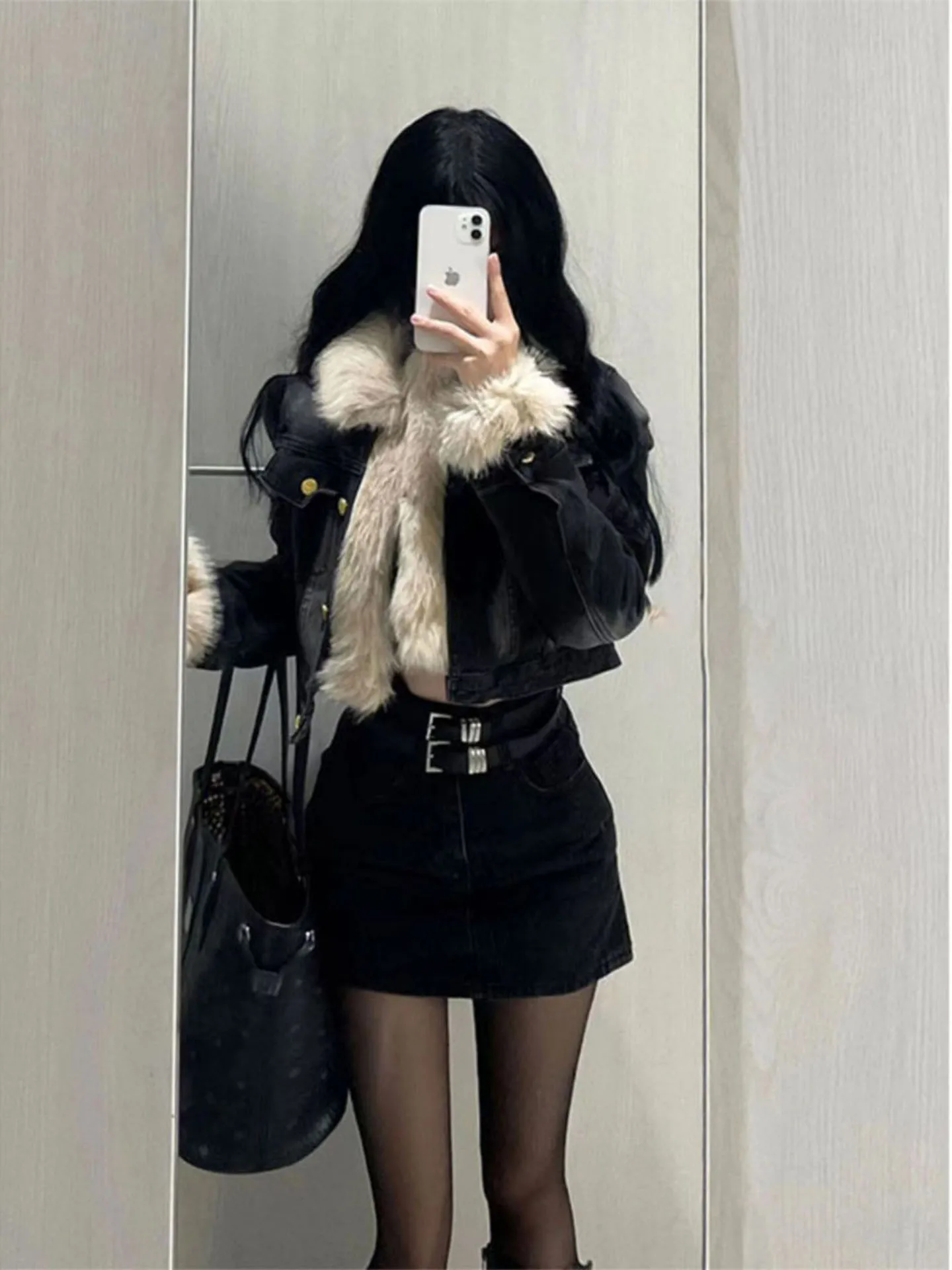 

Denim Coat Hoody Fur Plush Womens Autumn Grunge Cropped Standneck Minimalist Urban Social Gathering Embroidered Quilted Jackets