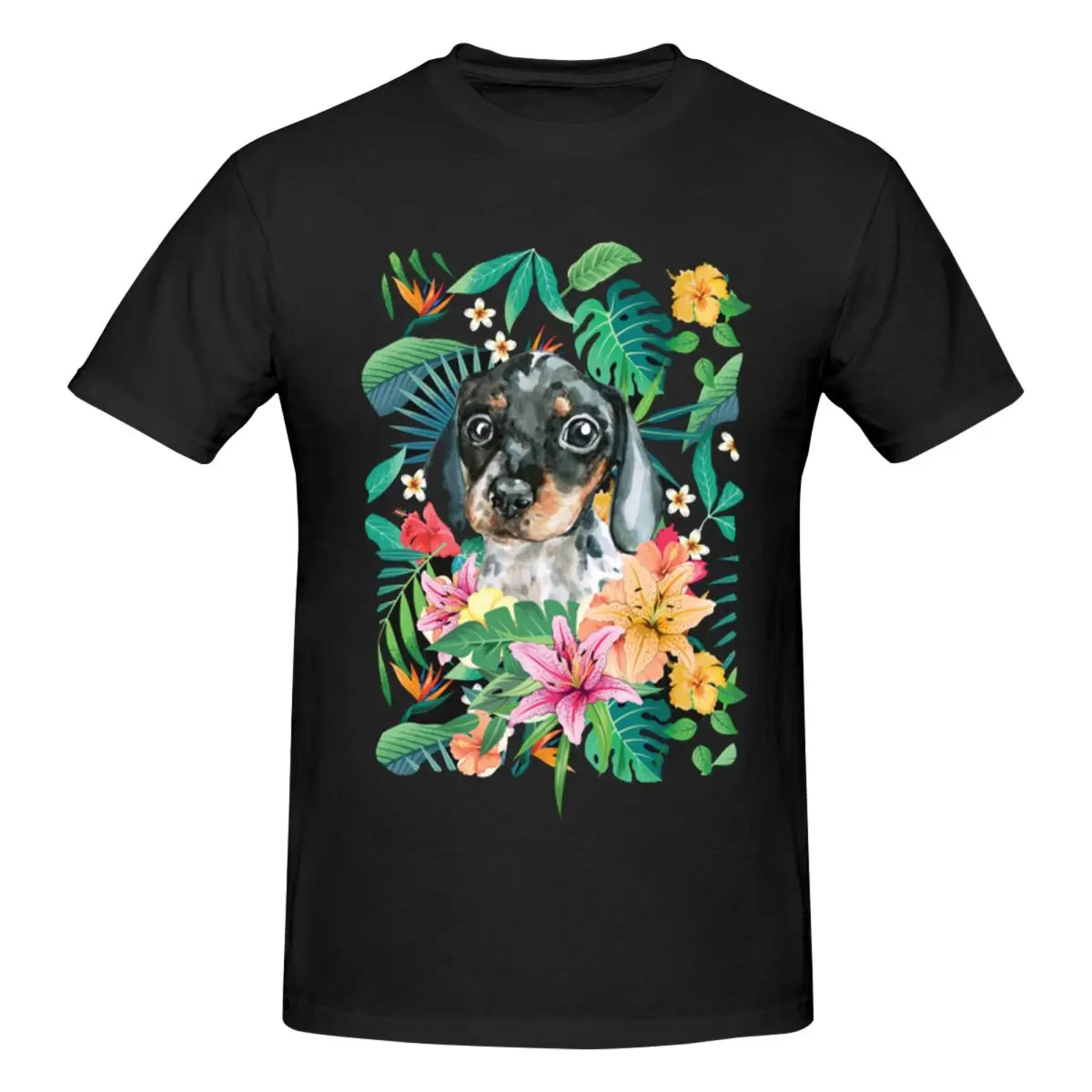 Tropical Tan Piebald Dachshund Doxie Men T-Shirt Funny Plus Size T Shirts Men's Crew Neck Cotton Tees Short Summer Male