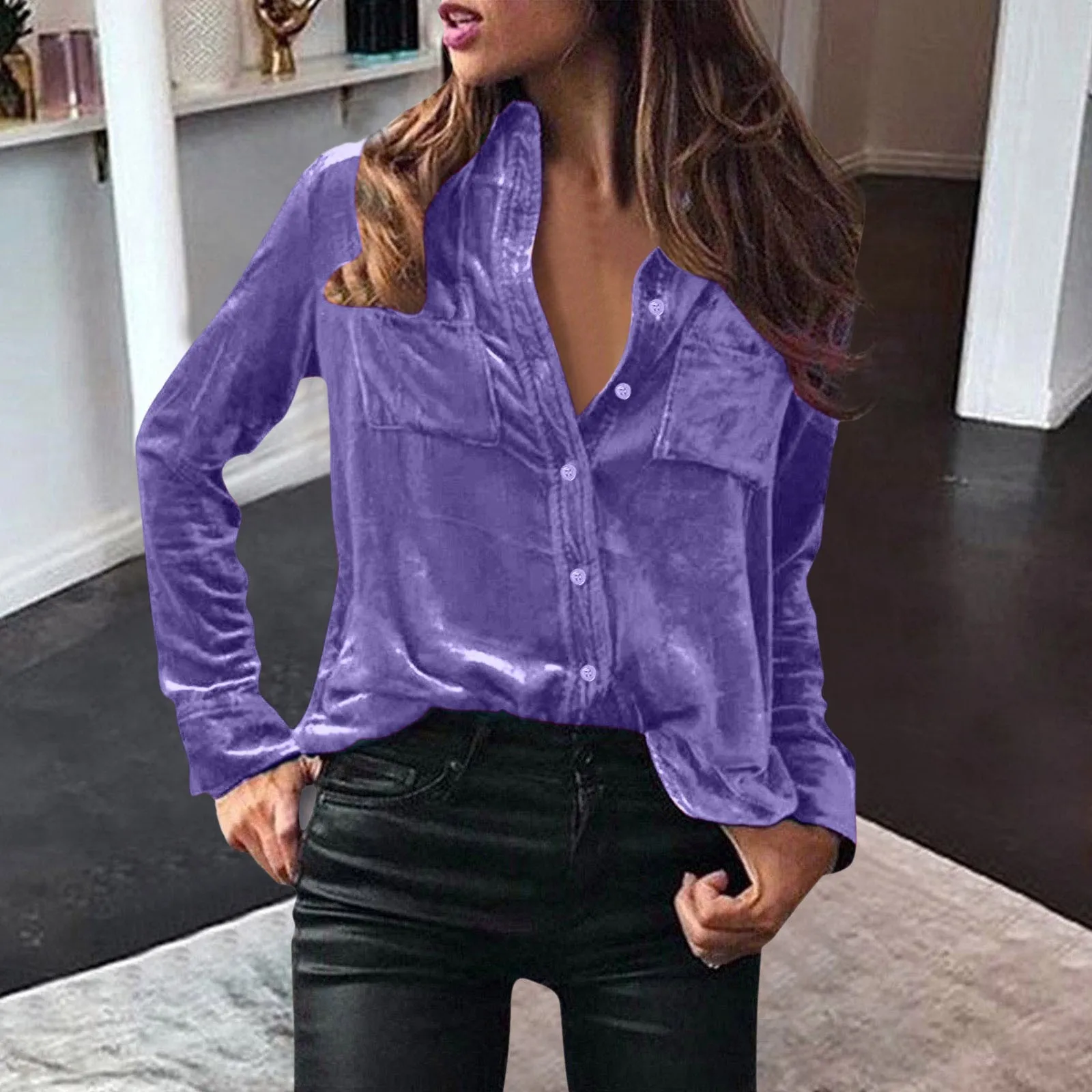 

Women Blouses Velvet Shirts Elegant Casual Solid Solor Tops Long Sleeve Loose Fit Shirt With Button Warm Clothes Blusas Winter