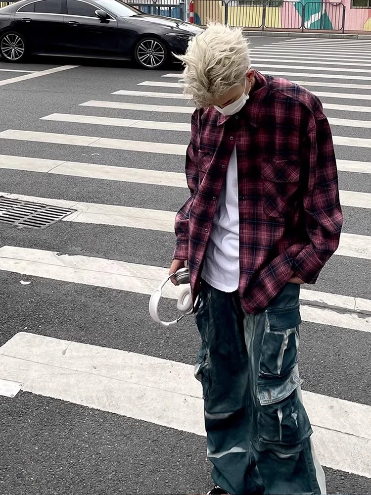 Retro Amerika adient Kotak-kotak Panjang Sve irt ex Musim Gugur Trendi Merek Pasangan Bersorak Irt Mantel Longgar Cocok Muda...