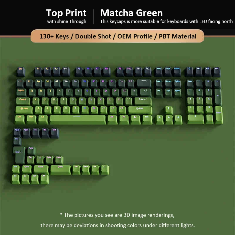 Clavier de jeu PBT double injection, vert matcha, brillant, touches de clavier, profil OEM, aucun commutateur MX, 130 prédire