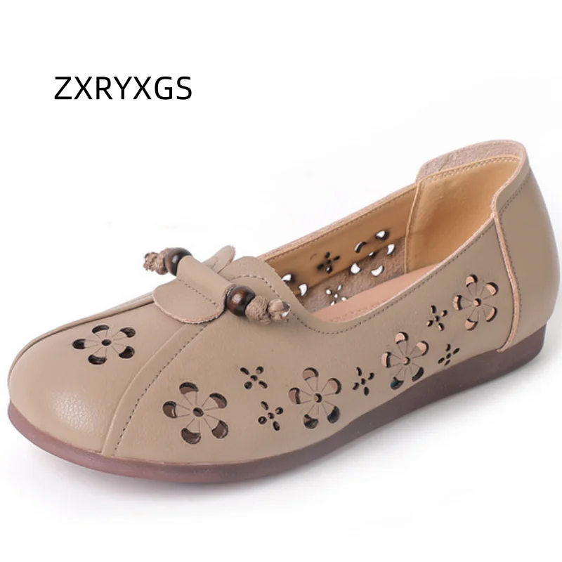 

ZXRYXGS 2025: полые туфли из воловьей кожи с верхним слоем, сандалии на плоской подошве, летние женские кожаные сандалии с круглым носком, дышащие сандалии большого размера