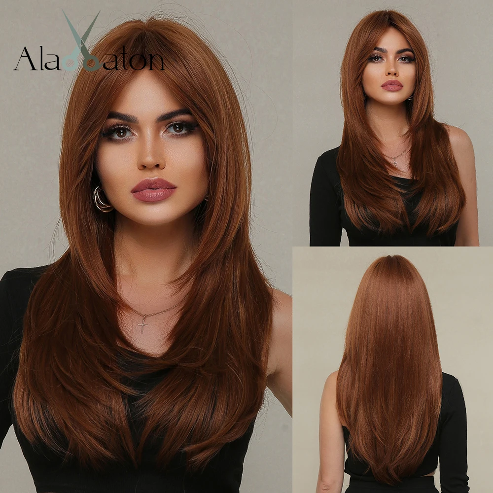 ALAN EATON Long Straight Ginger Wig Layered Wavy Wigs with Bangs Heat Resistant Synthetic Wigs for Women Copper Brown Hair Wig